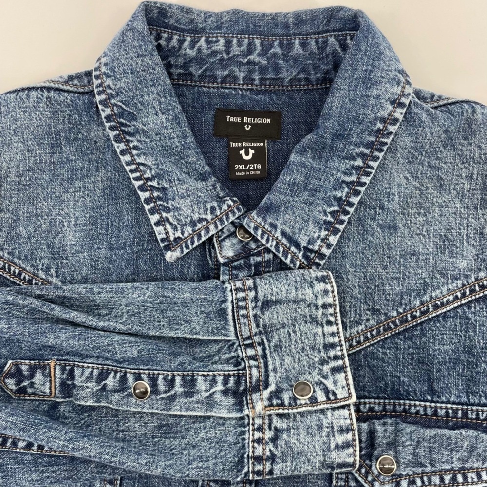 True Religion Carter Western Shirt Men's 2XL Blue Acid Wash Denim Pearl Snap